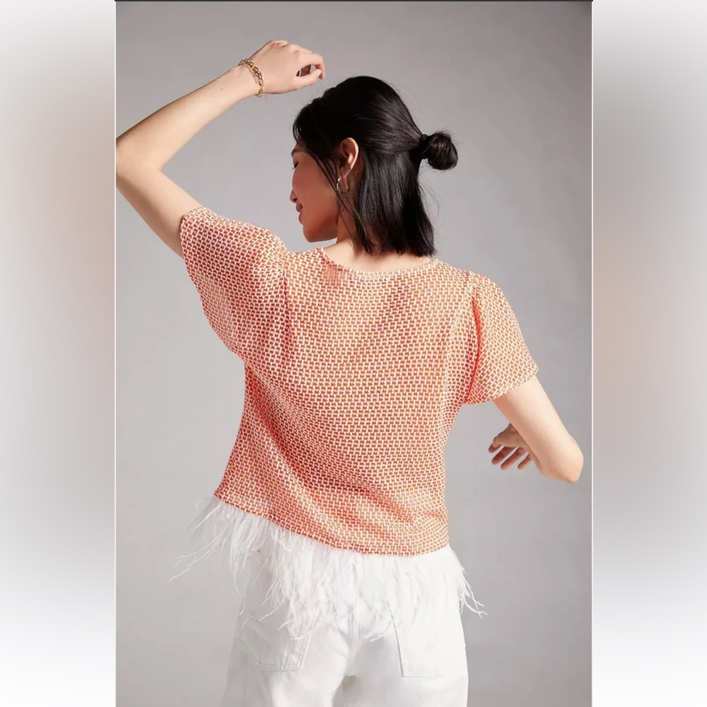 Eva Franco Feather Top Orange-Motif Textured Blouse with Feather Trim
